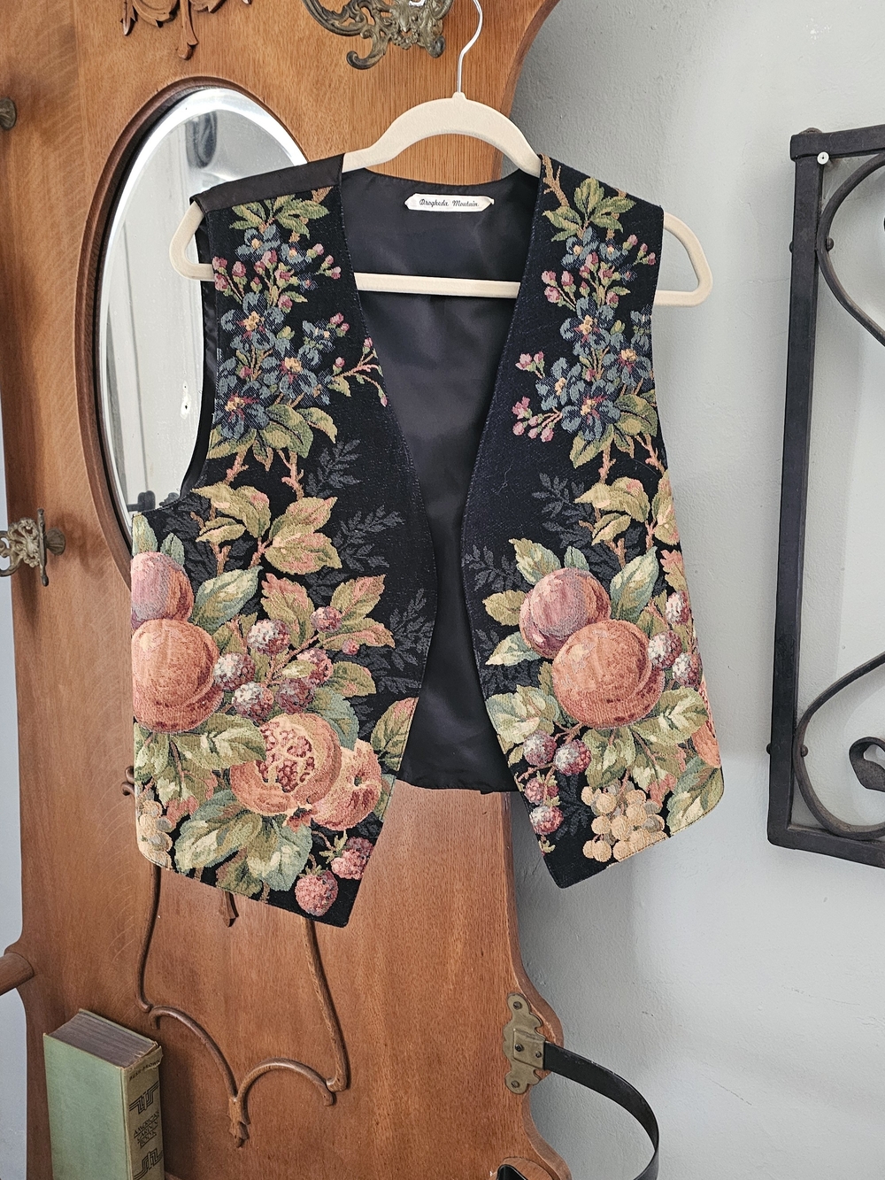 Vintage Drogheda Mountain Fruit Floral Tapestry Vest Pomegranate Black